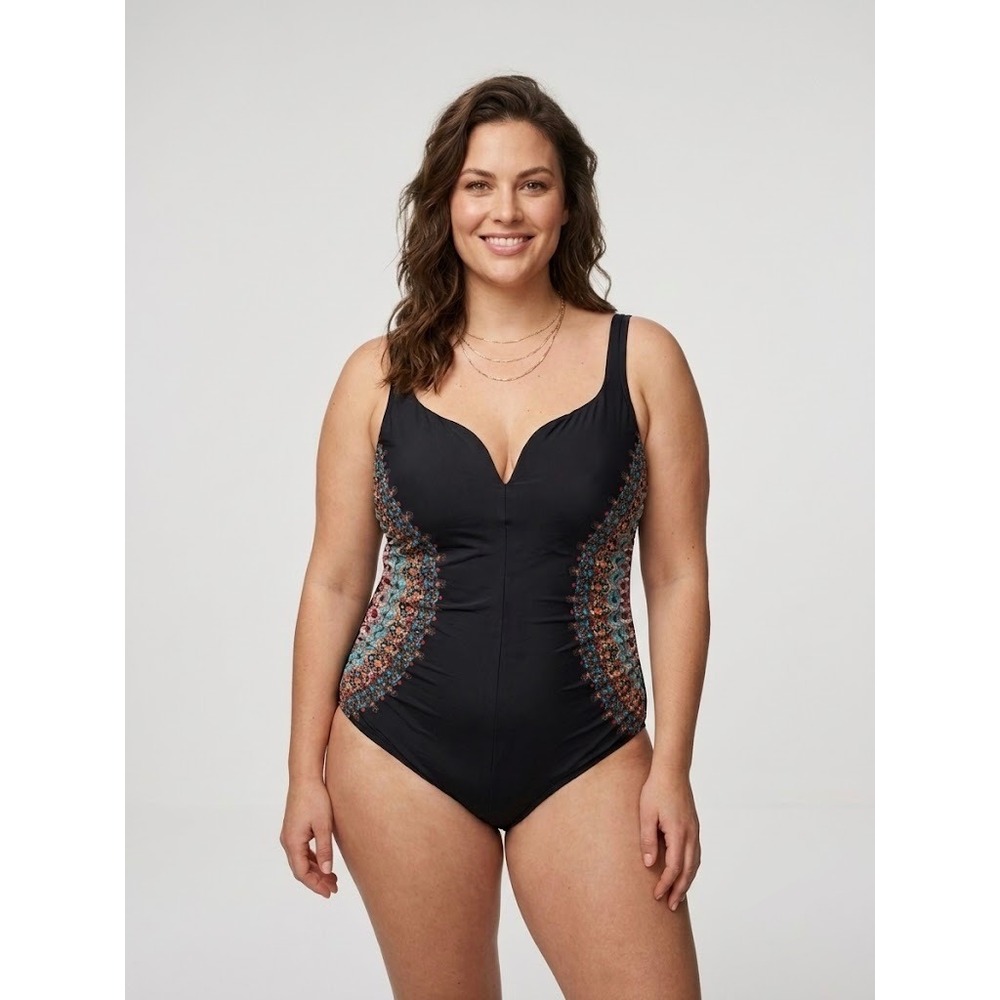 Miraclesuit Temptress One Piece Swimsuit Black Floral Tummy Control Womens 14